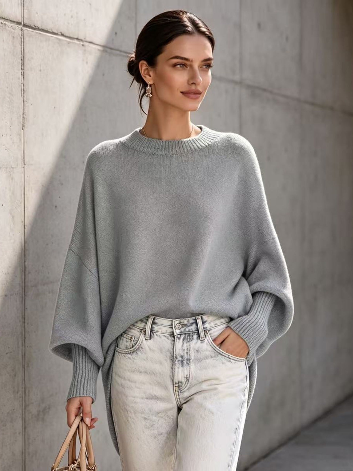 100% Polyester Oversized Batwing Sweater – Women – Grey – worn